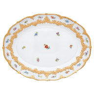 Platte, oval, Form "B-Form", Gestreute Blümchen, bunt, Goldbronze, leicht, L 40 cm