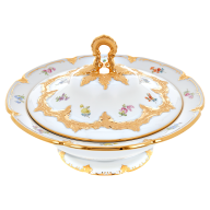 Deckelschüssel, Form "B-Form", Gestreute Blümchen, bunt, Goldbronze, leicht, V 1,2 l