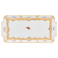 Platte, eckig, Form "B-Form", Gestreute Blümchen, bunt, Goldbronze, leicht, L 29 cm