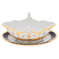 Sauciere, Form "B-Form", gestreute Blümchen, königsblau glasiert, Goldbronze, V 0,45 l