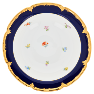 Schüssel, groß, Form "B-Form", gestreute Blümchen, königsblau glasiert, Goldbronze, ø 27 cm