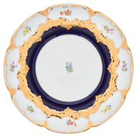 Suppenteller, Form "B-Form", gestreute Blümchen, königsblau glasiert, Goldbronze, ø 24 cm