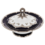 Deckelschüssel, Form "B-Form", Gestreute Röschen, weiß-grau, königsblau, Glanzplatin, V 1,2 l