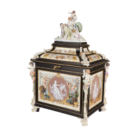 Schmucktruhe, Figurenmalerei,Blumen und Vögel, Pate sur Pate Malerei i.d. Schildern, H 80 cm