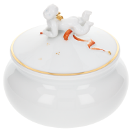 Dose, Bunt und Gold staffiert, leicht, Goldband, H 13 cm