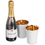 Champagner-Set, 3-tlg., Taittinger Champagner 0,375 l, 12,5% vol., Champagnerbecher, Glanzgold