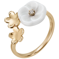 Ring Royal Blossom Bouquet, 3 Blüten S/XS/XS, 750 Gelbgold, 1 Porzellanblüte S, 1 Brillant 0,02 ct, TW, VSI, Vollschliff Gut, 2 Go