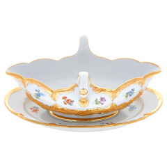 Sauciere, Form "B-Form", Gestreute Blümchen, bunt, Goldbronze, leicht, V 0,45 l