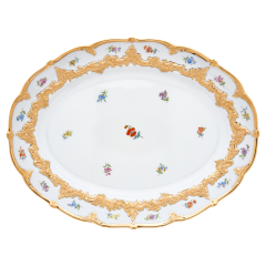 Platte, oval, Form "B-Form", Gestreute Blümchen, bunt, Goldbronze, leicht, L 40 cm