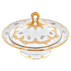 Deckelschüssel, Form "B-Form", Gestreute Blümchen, bunt, Goldbronze, leicht, V 1,2 l