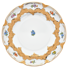 Speiseteller, Form "B-Form", Gestreute Blümchen, bunt, Goldbronze, leicht, Ø 22 cm