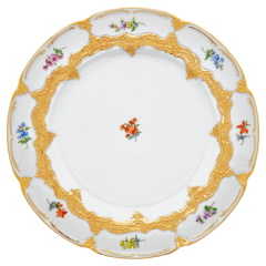 Speiseteller, Form "B-Form", Gestreute Blümchen, bunt, Goldbronze, leicht, ø 28 cm