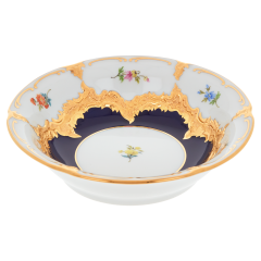 Dessertschale, Form "B-Form", gestreute Blümchen, königsblau glasiert, Goldbronze, L  cm