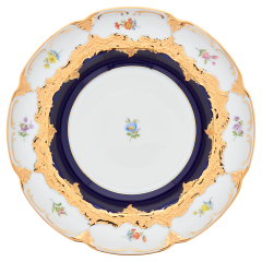 Suppenteller, Form "B-Form", gestreute Blümchen, königsblau glasiert, Goldbronze, ø 24 cm