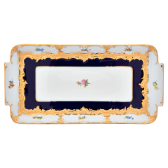 Platte, eckig, Form "B-Form", gestreute Blümchen, königsblau glasiert, Goldbronze, L 29 cm