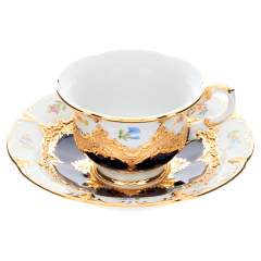 Espressotasse, Form "B-Form", gestreute Blümchen, königsblau glasiert, Goldbronze, V 0,1 l