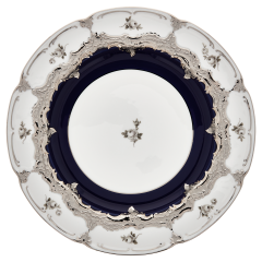 Dinner Plate, Shape "B-Form", Strewn Roses, white-grey, royal blue, shiny platinum, ø 28 cm
