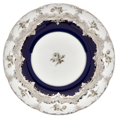 Bread- and Butter Plate, Shape "B-Form", Strewn Roses, white-grey, royal blue, shiny platinum, Ø 15,5 cm