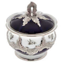 Sugar Bowl, Shape "B-Form", Strewn Roses, white-grey, royal blue, shiny platinum, H 12 cm
