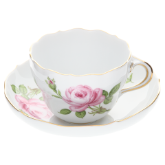 Coffee cup & saucer, Shape "New Cutout", Pink rose, gold rim, V 0,2 l