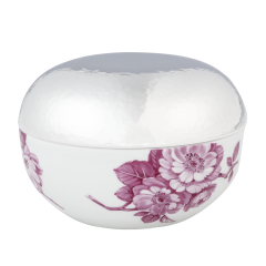 Box with silverplated lid, Silbermanufaktur SonjaQuandt, Flower impressions, purple, Ø 9 cm