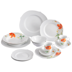 Starter-Set, 14-tlg. für 2 Personen, Form "Wellenspiel Relief", Blumenmalerei "Wilder Mohn", rot, weißer Rand