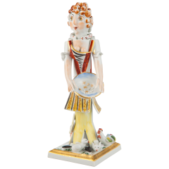 Gardener girl with chickens, Coloured with gold, H 19 cm