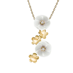 Collier Royal Blossom Bouquet, 750 Gelbgold, 5 Blüten S/XS, 2 Porzellanblüten S, 2 Brillanten 0,04 ct, TW, VSI, Vollschliff Gut, 3