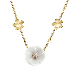Collier Royal Blossom Bouquet, 750 Gelbgold, 7 Blüten XS/S/M, 1 Porzellanblüte M, 1 Brillant 0,04 ct, TW, VSI, Vollschliff Gut, 2