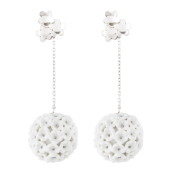 Earrings Boule Snowball Blossom, 750 white gold, Blossom pistils platinum painted decoration