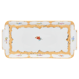 Platte, eckig, Form "B-Form", Gestreute Blümchen, bunt, Goldbronze, leicht, L 29 cm