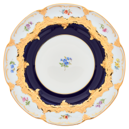 Speiseteller, Form "B-Form", gestreute Blümchen, königsblau glasiert, Goldbronze, Ø 22 cm