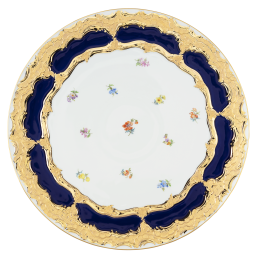 Platzteller, Form "B-Form", gestreute Blümchen, königsblau glasiert, Goldbronze, Ø 33 cm