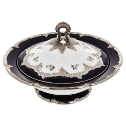 Bowl with lid, Shape "B-Form", Strewn Roses, white-grey, royal blue, shiny platinum, V 1,2 l
