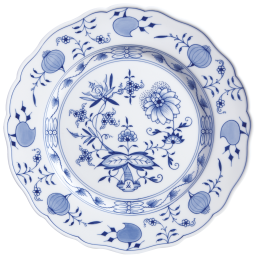 Speiseteller, Form "Neuer Ausschnitt", Zwiebelmuster, kobaltblau, weißer Rand, Ø 28 cm