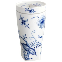 Coffee to go Becher mit Porzellandeckel, Form "Nova", Zwiebelmuster "Style" kobaltblau, weißer Rand, V 0,35 l