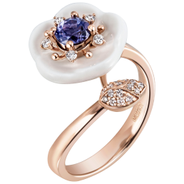 Ring Royal Blossom Gem "Tansanit Blau", 750 Roségold, 50 mm, 1 Porzellanblüte M, 1 Tansanit Blau 0,55 ct, 21 Brillanten 0,144 ct,