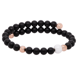 Armreif Pearl Collection Onyx, asymmetrisch, 1 Porzellanperle 8 mm, 4 Perlen 6 mm 925 Silber rosé vergoldet, 32 Onyx Perlen 6 mm